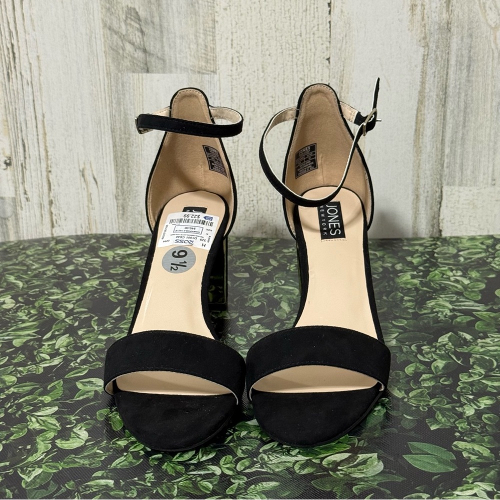 Jones New York Black Suede Heels with Ankle Strap with Gold Trim - Picture 10 of 13